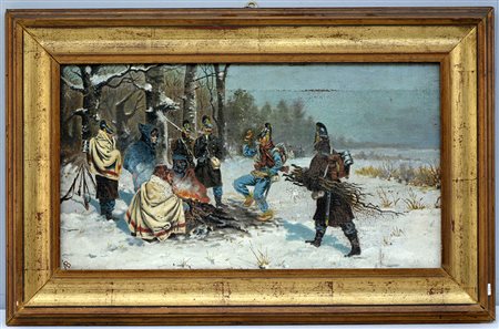Ignoto, "La sosta dei soldati" olio su tela (cm 31x55) siglato A. B. In basso...