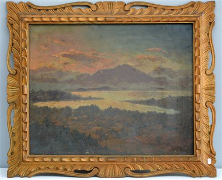 Firma indecifrata, "Lago di Varese, Tramonto" olio su compensato (cm 40x50)...