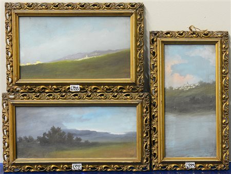 Firma indecifrata, gruppo di tre tempere su cartone raffiguranti paesaggi (d...