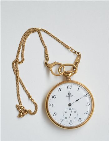OMEGA Orologio da tasca da uomo in oro 18K e metallo, quadrante bianco con...