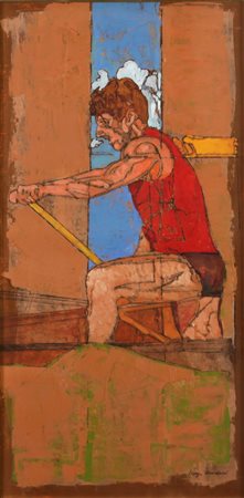 TORNABUONI LORENZO (ROMA 1934 ROMA 2004), Canoista, Olio su tavola Dim. 60x30...
