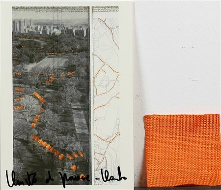 CHRISTO (Gabrovo 1935), Senza titolo, Cartolina autografa con stoffa Senza...