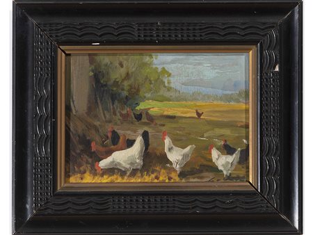 Anonimo (XIX secolo) Paesaggio con galline 13x18 cm Olio su compensato