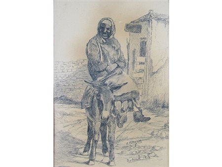 Cesare Pelagatti (1890-1971) Donna berbera su asino 39x28 cm Carboncino su carta