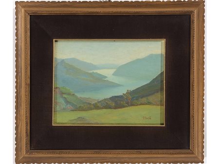 G.Giusti (XX secolo) Veduta lacustre 19,5x24,2 cm Olio su tavoletta