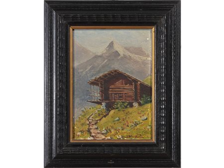 S.Meneghelli (XX secolo) Baita di montagna 21,7x16 cm Olio su compensato