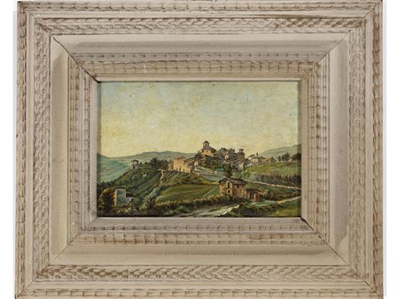 Siglato A.S. (XX secolo) Paese in collina 19x25 cm Olio su tavoletta
