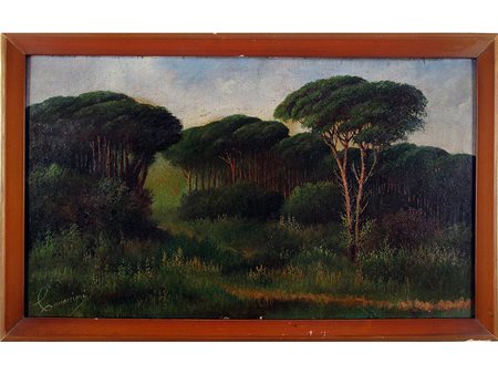 Autore non identificato (XX secolo) Pini marittimi 51x29 cm Olio su compensato