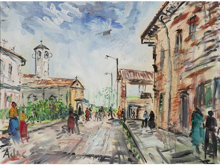 Aldo Colombo detto da Cortiana (1908 -?) Paesaggio con figure 60x80 cm Olio...