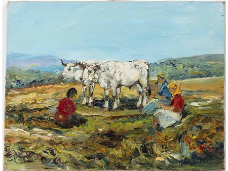 Adolfo Carducci (1901-1984) Paesaggio con figure e mucche 50x65 cm Olio su tela