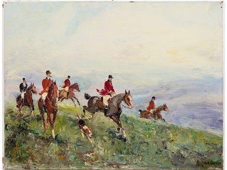 Adolfo Carducci (1901-1984) Caccia alla volpe 50x65 cm Olio su tela