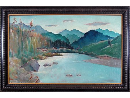 Luigi Prada 1899-1989) Paesaggio con laghetto montano 50x83 cm Olio su...