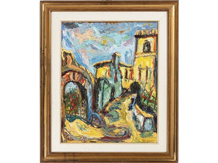 Anonimo (XX secolo) Borgo50x40 cm Olio su compensato