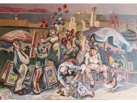 Tancredi Muchetti (1932) Mercato dei polli a Desenzano 132x185 cm Olio su...