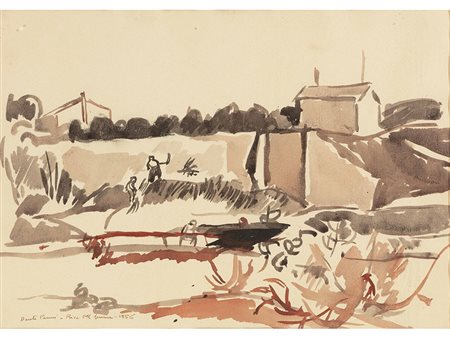 Dante Parini (1890–1969) Rive sul fiume 30x23 cm Acquarello su carta