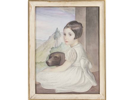 Autore non identificato (XX secolo) Bambina con cane 67,5x48,5 cm Tempera su...
