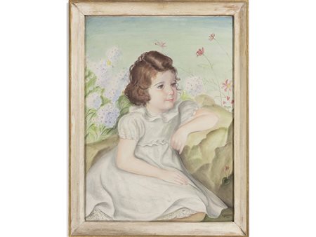 Autore non identificato (XX secolo) Bambina con fiori 67,5x48,5 cm Tempera su...