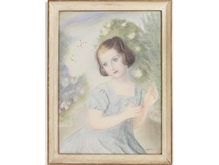 Autore non identificato (XX.secolo) Bambina con farfalle 67,5x48,5 cm Tempera...