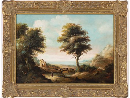 Anonimo (XX secolo) Paesaggio con figura e rovine 50x70 cm Olio su tela