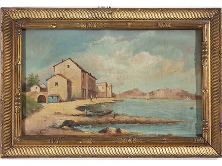 Autore non identificato (XX secolo) Paesaggio lacustre 30x50 cm Olio su...