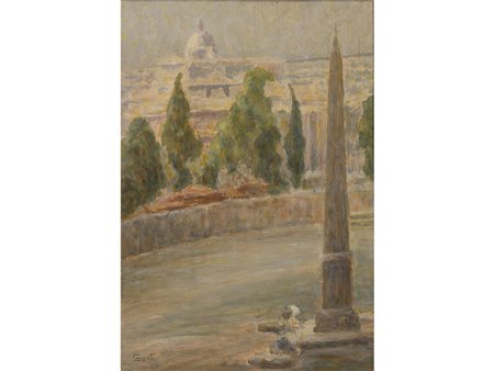 Giuseppe Monti (XX secolo) Veduta romana 54,5x38,5 cm Olio su compensato