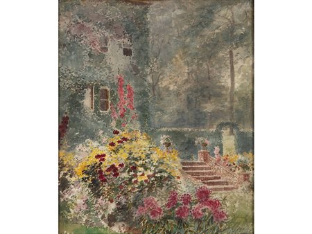 Anonimo (XIX secolo) Giardino fiorito 40x35 cm Acquarello su carta