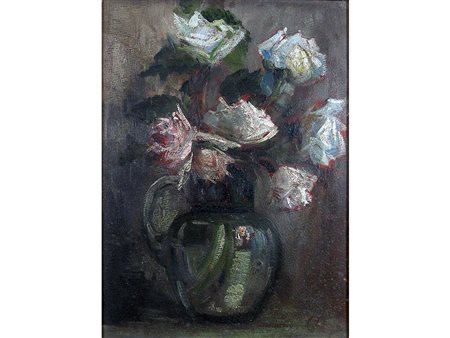 Anonimo (XX secolo) Vaso con fiori 30x25 cm Olio su compensato