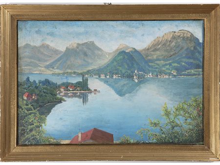 Anonimo (XX secolo) Lago montano 54x80 cm Olio su tela