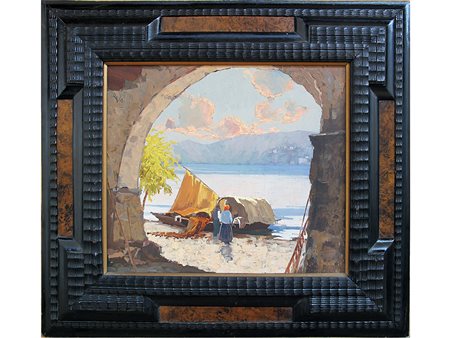 Anonimo (XX secolo) Scorcio lacustre con figure 41x44,5 cm Olio su compensato