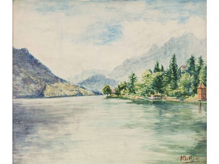 Autore non identificato (XX secolo) Paesaggio lacustre 50x60 cm Olio su faesite