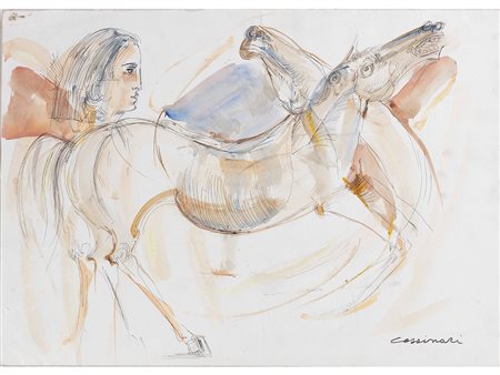 Bruno cassinari (1912–1992) Cavalli con figura 50x70 cm Tecnica mista su carta