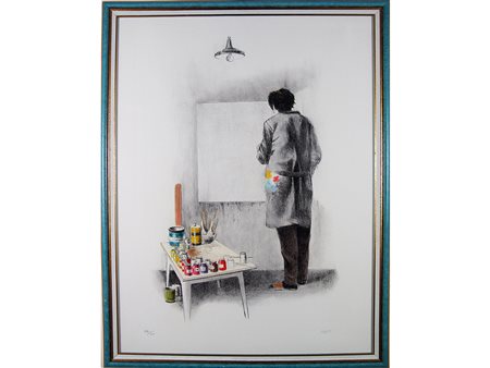 Giovanni Cappelli (1923-1994) Nello studio del pittore 86x64 cm Litografia