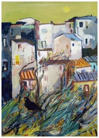 ILIO MANCINI Livorno 1931 Il merlo / paesaggio Olio su tavola 70 x 50. Firma...