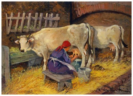 RENZO MARTINI Livorno 1937 – Livorno 2005 La mungitura 1984 Olio su faesite...