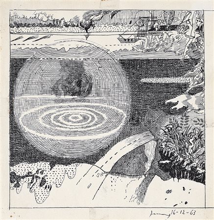 GIANFRANCO FERRONI 1927 - 2001 Paesaggio del lago, 1963 China su carta, cm....