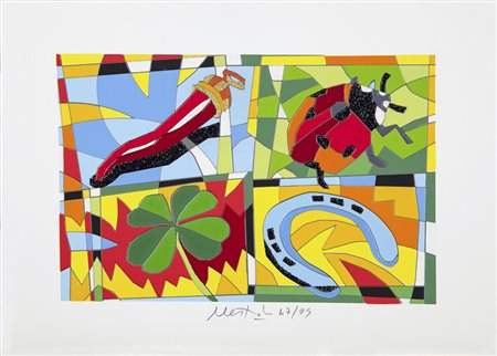 Ugo Nespolo Mosso 1941 "Lucky you" serigrafia polimaterica a 35 colori su...