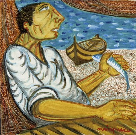 Giuseppe Migneco Messina 1903 – Milano 1997 "Pescatore" olio su tela cm...