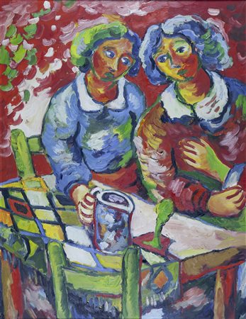 Mimmo Germanà Catania 1944 - Busto Arsizio 1992 "Amiche" olio su tela anno...