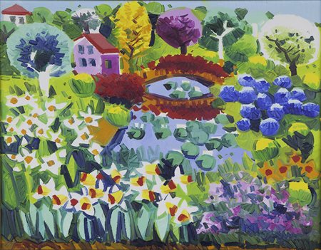 Athos Faccincani Peschiera del Garda 1951 "Laghetto con narcisi" olio su tela...