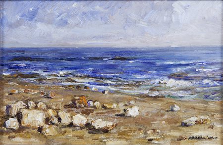 Natale Addamiano Bitetto 1943 "Scogliera pugliese" olio su tela anno 1983 cm...