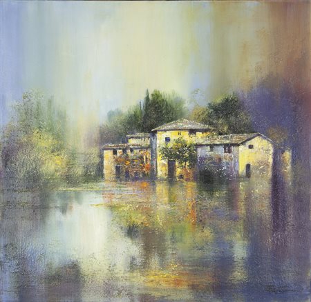 Sergio Caimi Ceriano Laghetto 1950 "Colori nel paesaggio" olio su tela anno...