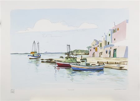 ALDO RISO S. Maria di Leuca 1928 - Roma 2008 " Porticciolo " incisione...