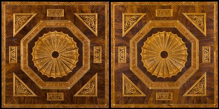 Coppia di tavoli lastronati e intarsiati in noce d'India, bois de rose e...