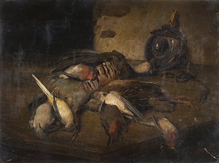 Scuola del secolo XIX "Cacciagione" olio su tela (cm 43x60) In cornice...