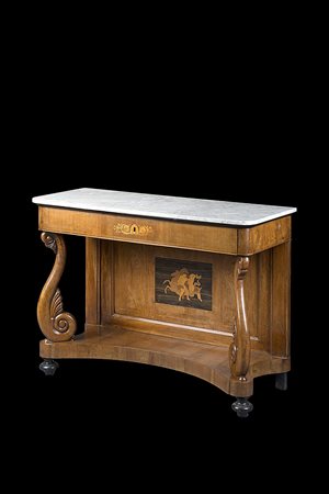 Consolle lastronata a un cassetto sottopiano intarsiato e filettato in legno...