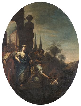Scuola del secolo XVIIIMosè salvato dalle acqueOlio su tela ovale cm 80x106In...