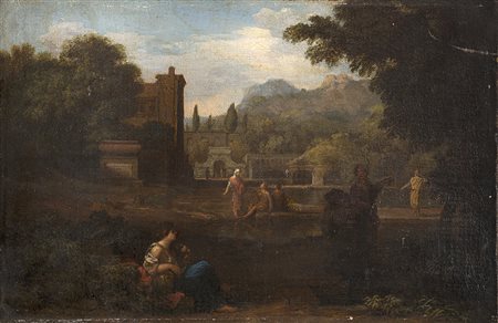 Maestro romano del secolo XVIIPaesaggio arcadicoOlio su tela cm 24x35In...