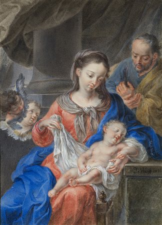 Maestro del secolo XVIISacra famiglia con amoriniTempera su carta applicata...