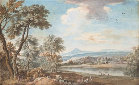 Scuola veneta del secolo XVIIIPaesaggio fluviale con viandantiTempera su...