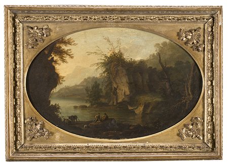 Scuola della fine del secolo XVIIIPaesaggio lacustreOlio su cartone pressato...